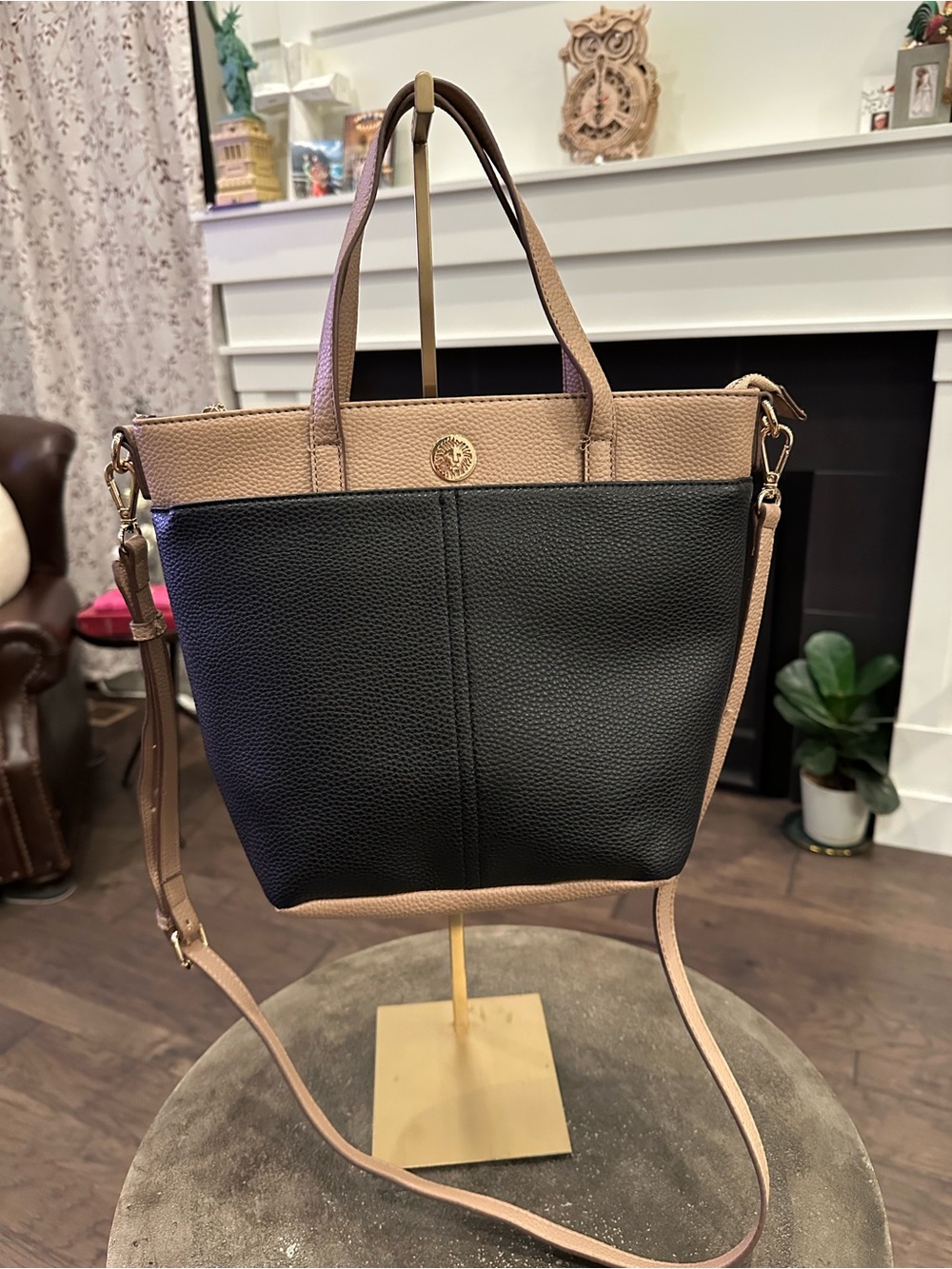 Anne Klein Two-Tone Black and Tan Women's Tote Bag with Crossbody Strap